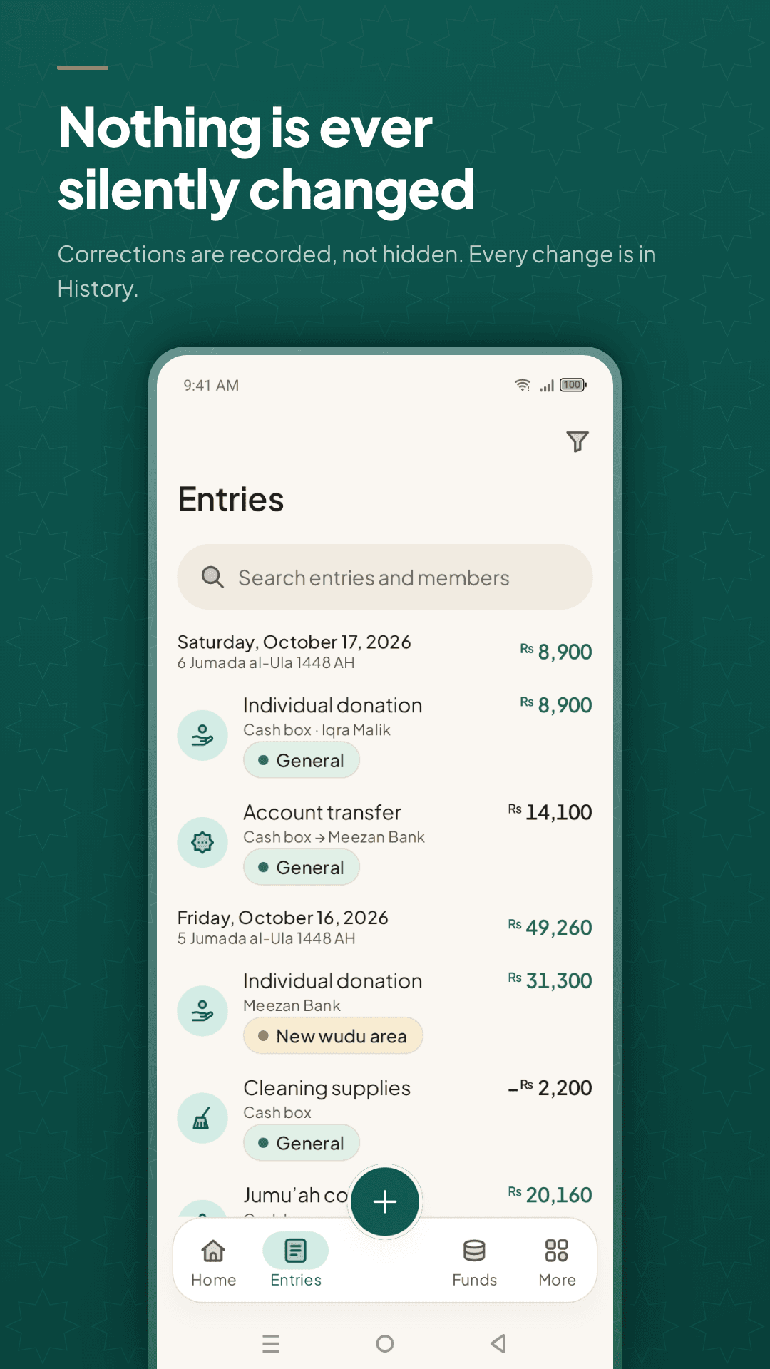 Amanah entries list — donations, transfers and expenses by day, with Gregorian and Hijri dates and the fund each one belongs to