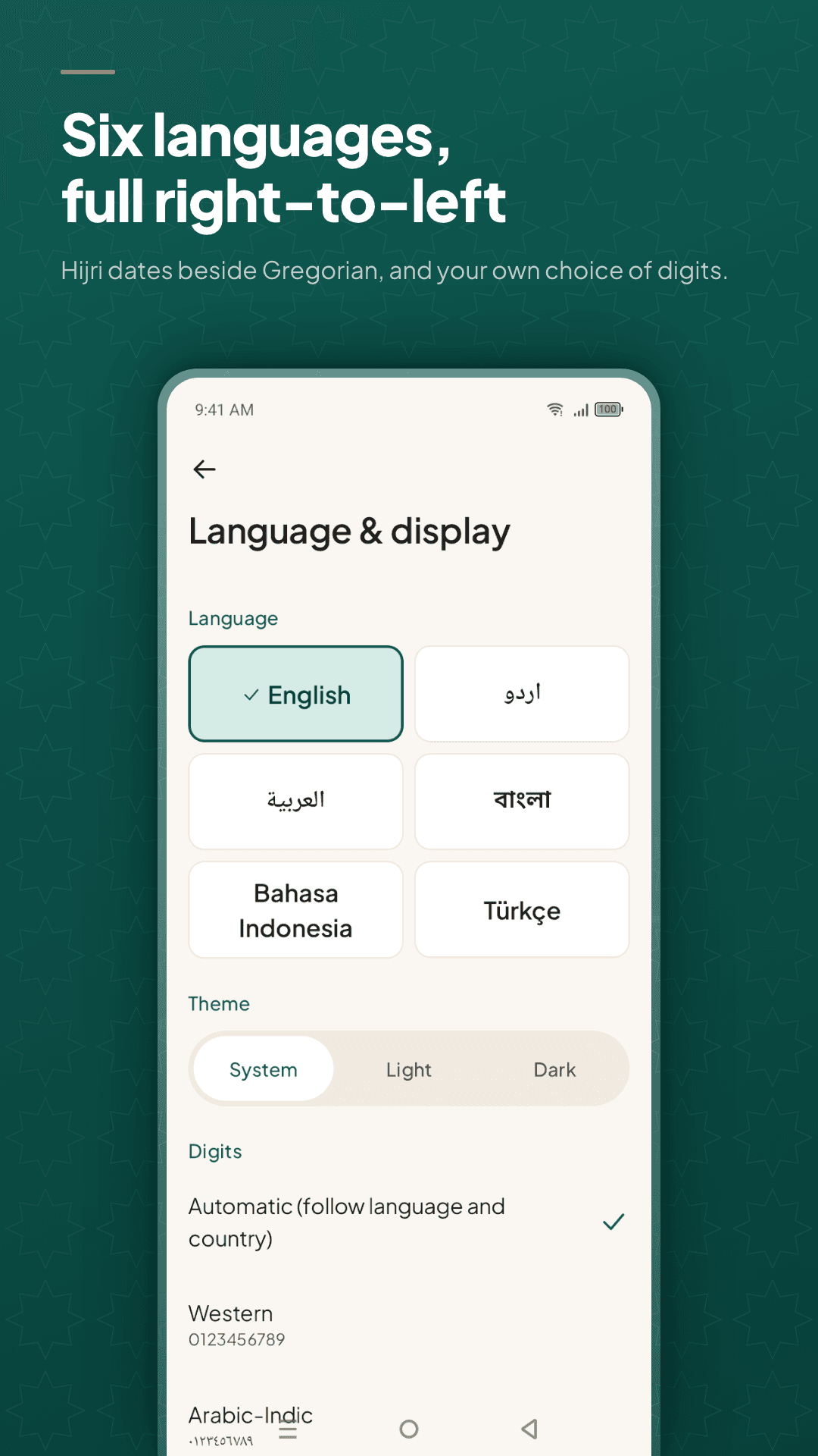 Amanah language settings — English, Urdu, Arabic, Bengali, Bahasa Indonesia and Turkish, with a choice of digit style