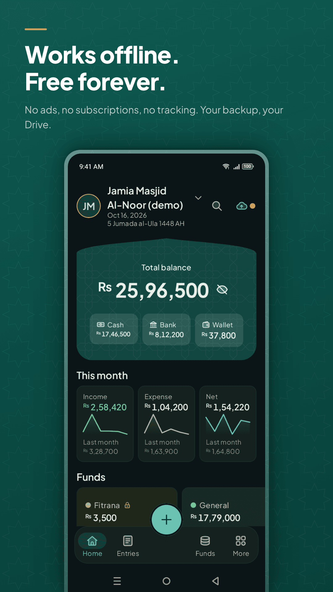 Amanah in dark mode — the same masjid accounts, working offline with no ads and no subscription
