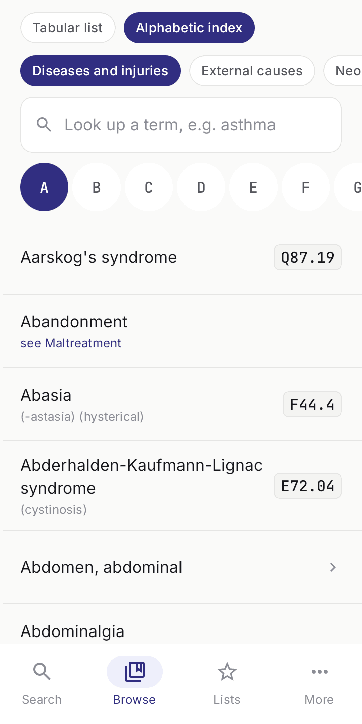 Codra alphabetic index — look a condition up by name and follow the sub-terms down