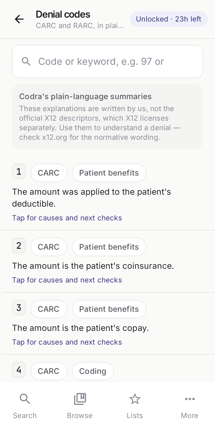 Codra denial codes — CARC and RARC explained in plain language, with what to check next