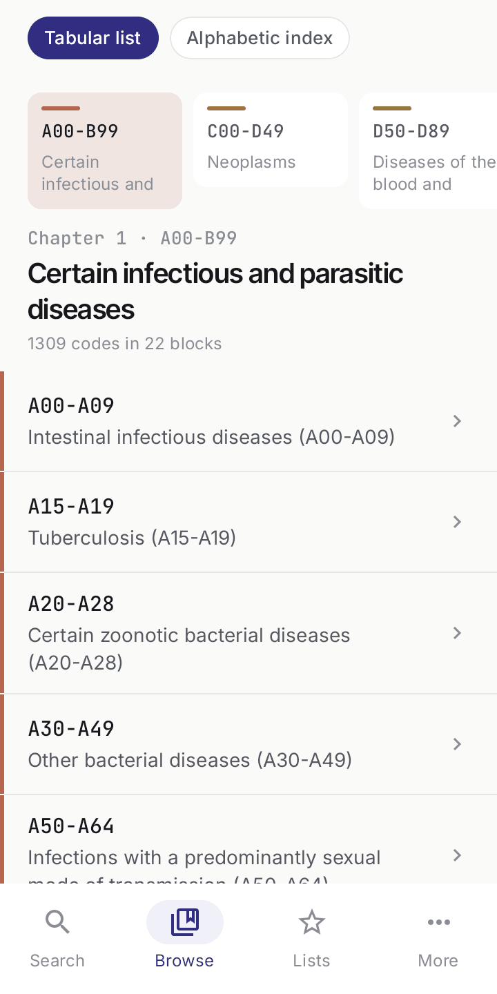 Codra browse — all 22 ICD-10-CM chapters with their blocks and categories, colour-coded