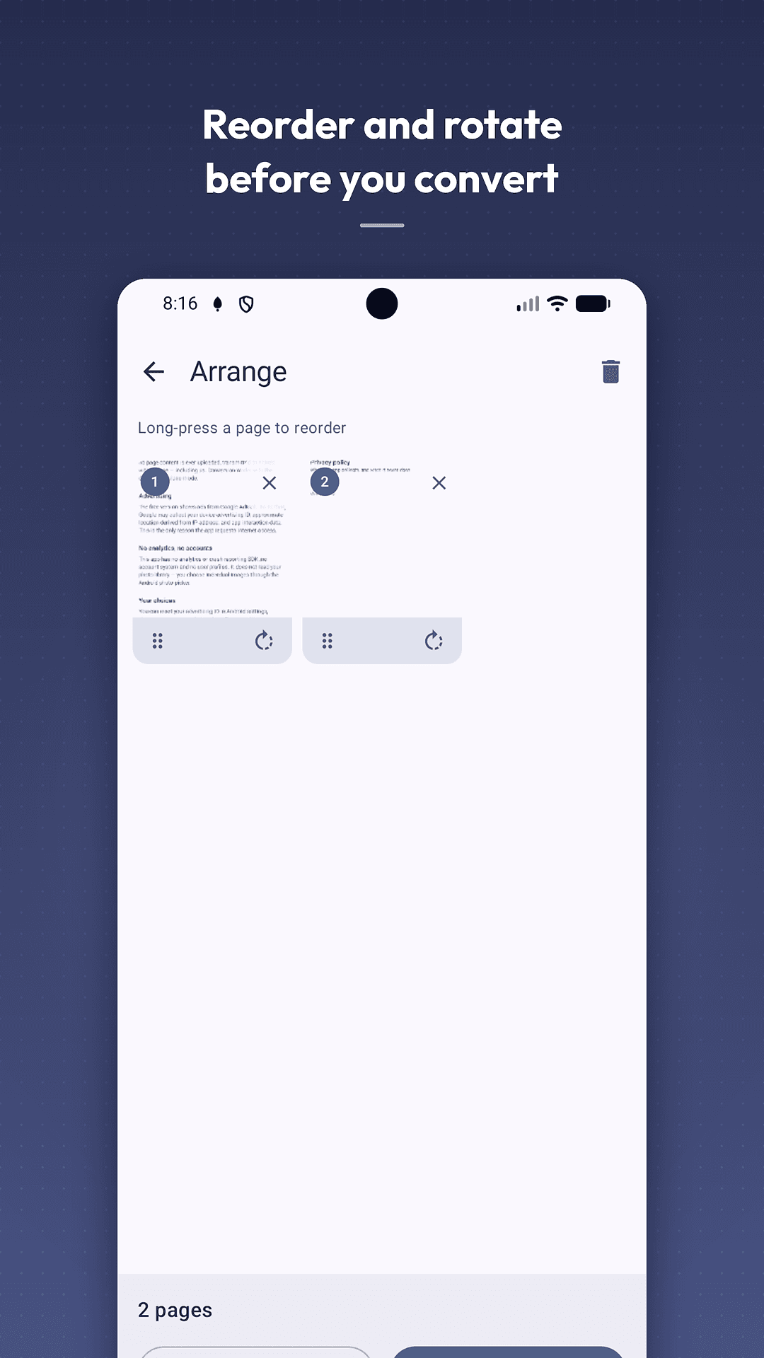 Foldra arrange screen — reorder, rotate and remove pages before converting