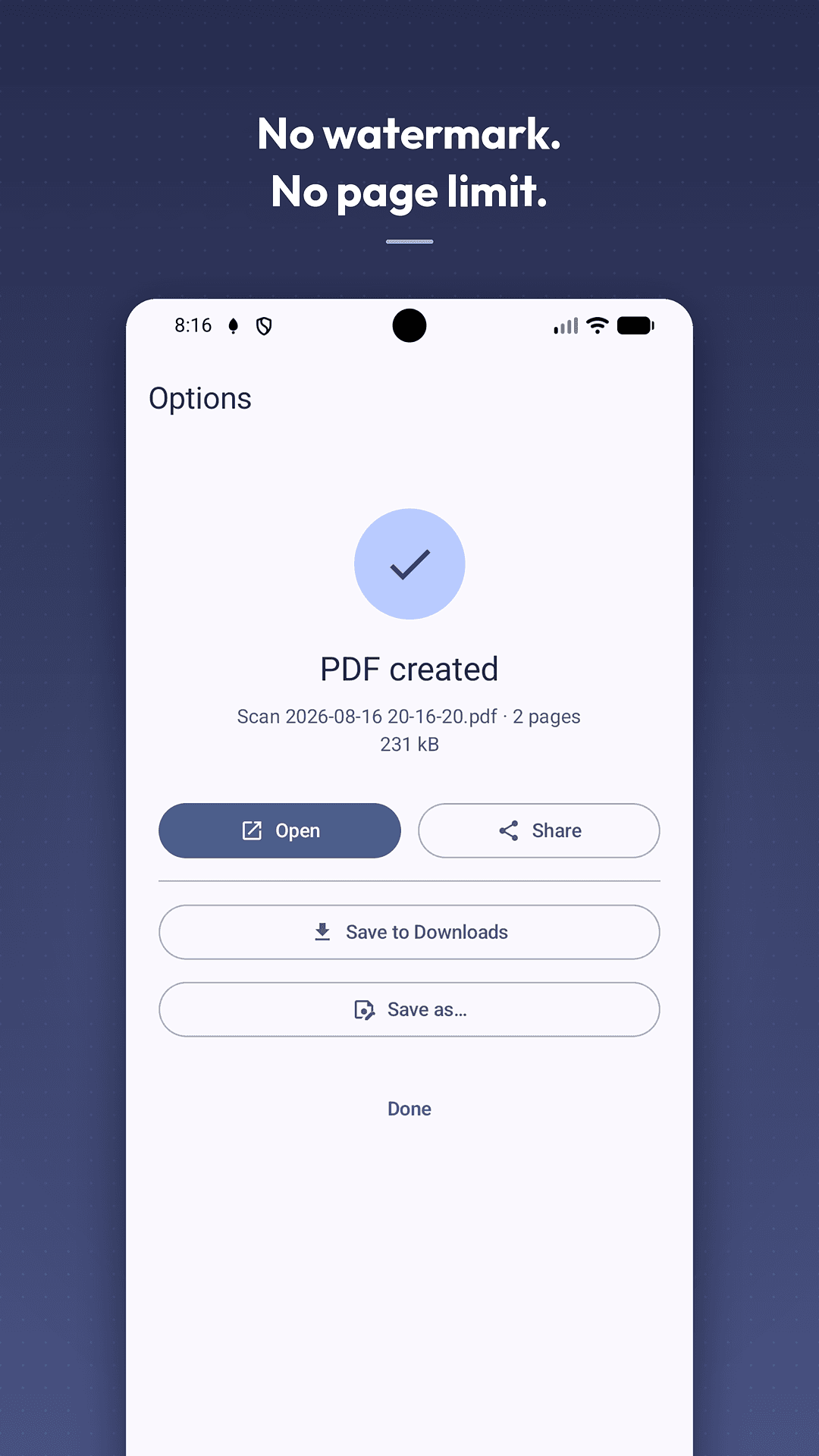 Foldra result screen — open, share or save a finished PDF with no watermark