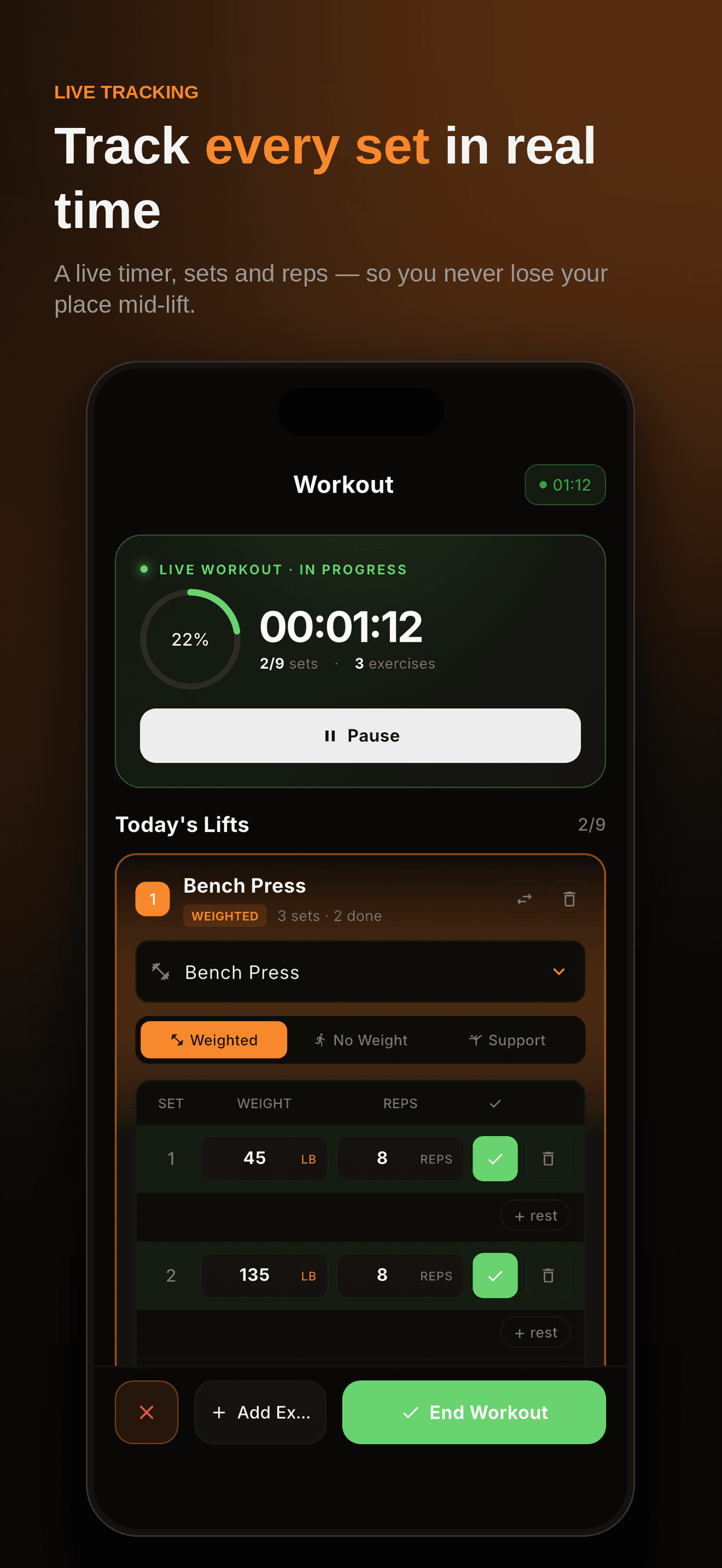Kontest live workout — running timer with set-by-set weight and rep logging