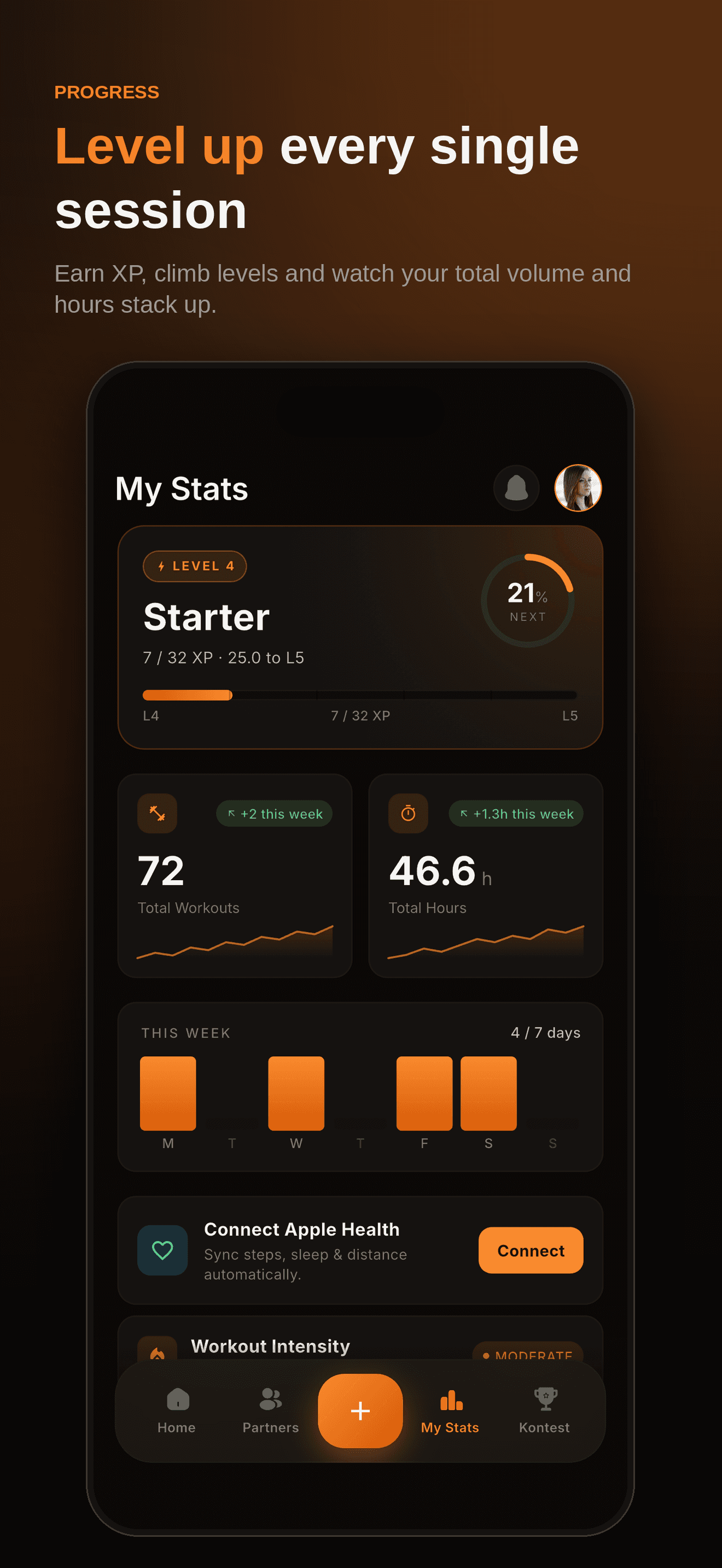 Kontest stats — XP levels, total workouts and hours, with Apple Health syncing