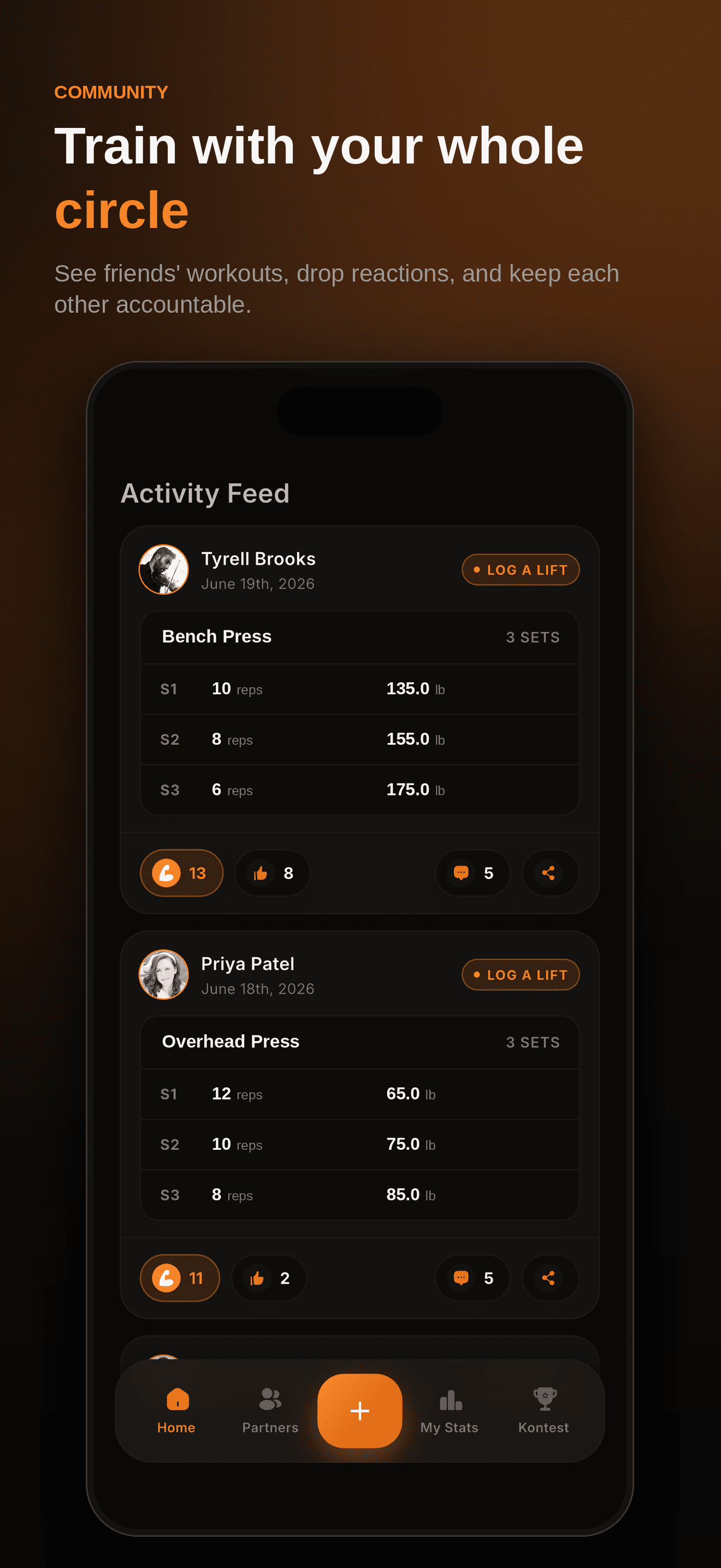Kontest activity feed — see and react to what your training partners logged