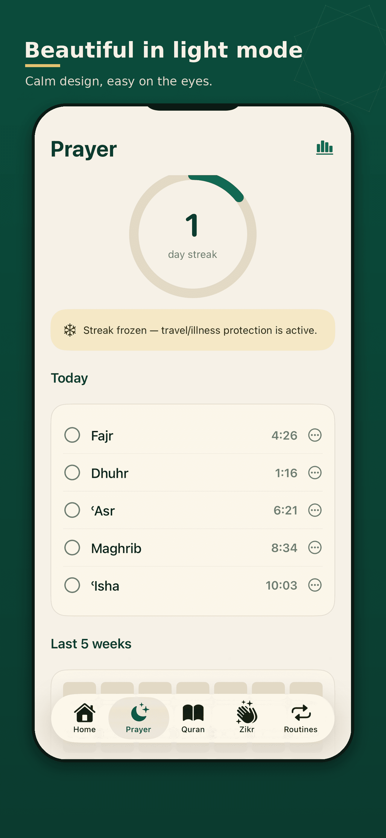 Qurbah in light mode — light and dark themes