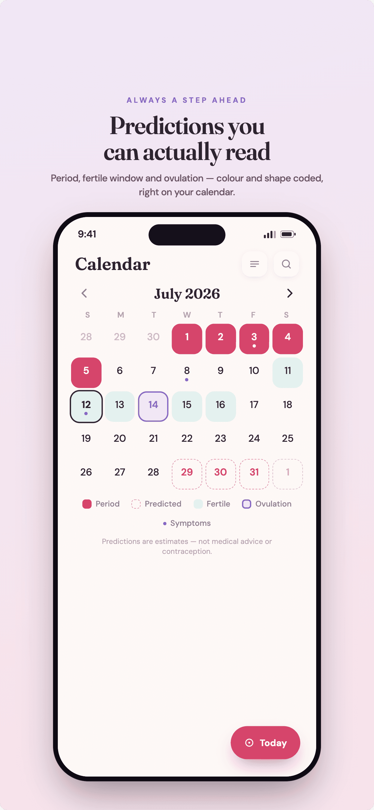 Rosea calendar — colour-coded period, fertile window and ovulation