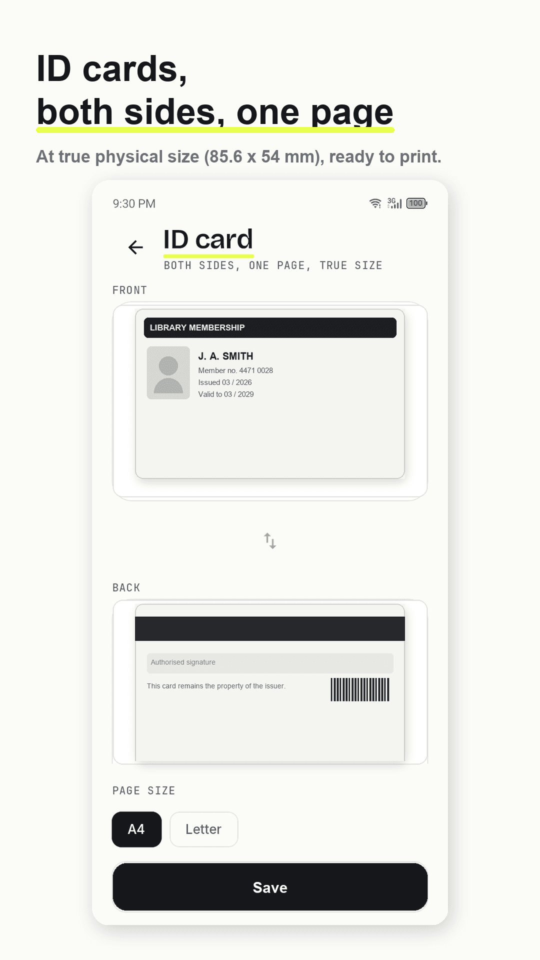 Scandra ID card mode — both sides on one page at true physical size