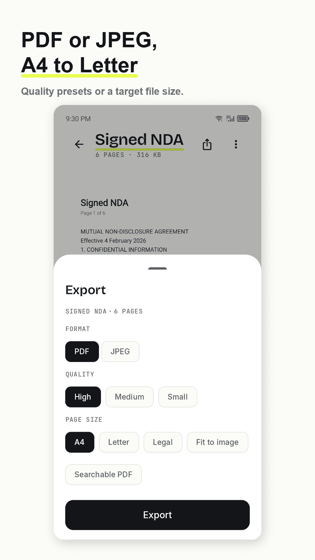 Scandra export options — PDF or JPEG, A4, Letter, Legal or fit to image