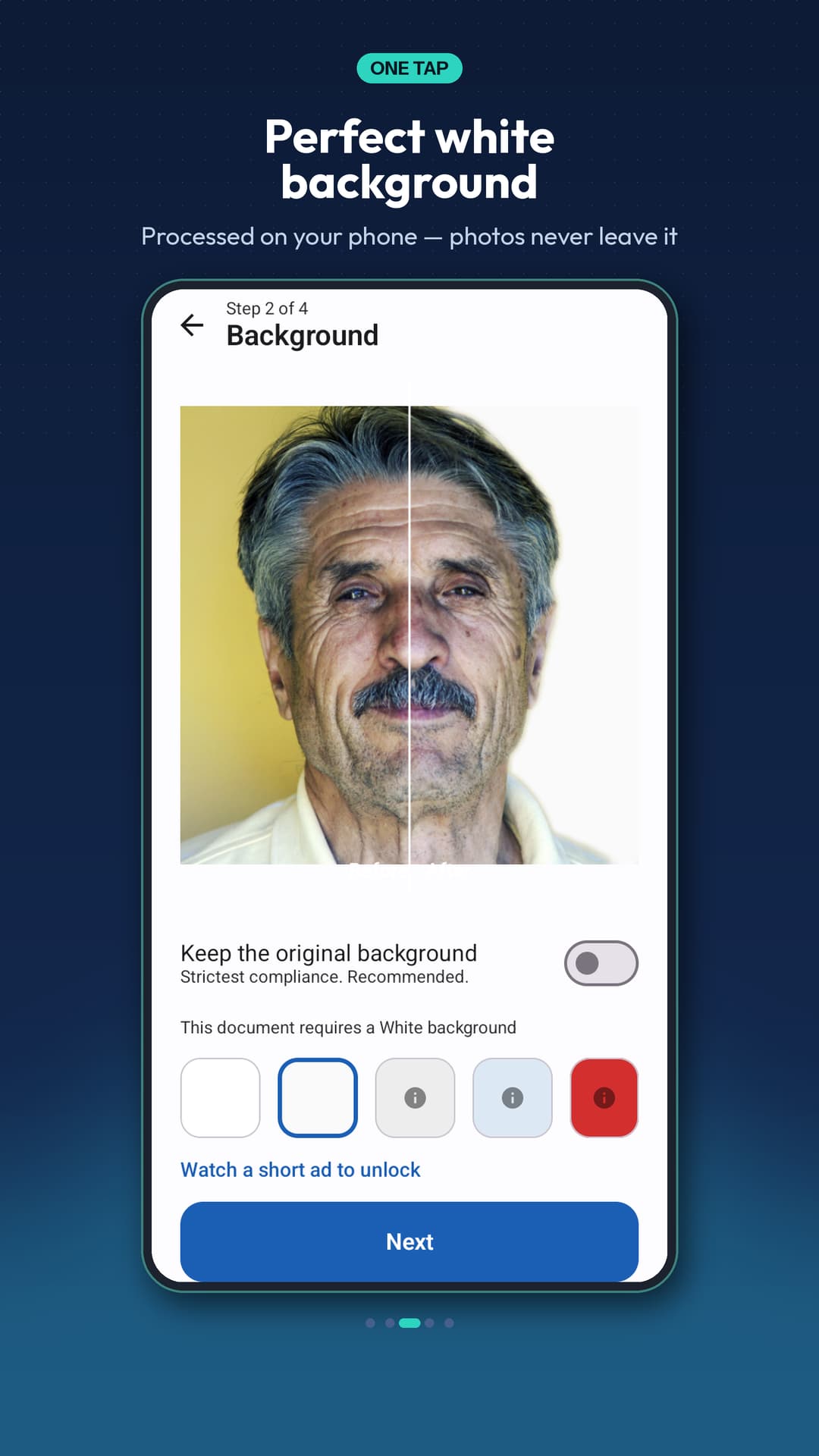 Snapport background step — a clean white background applied on your device