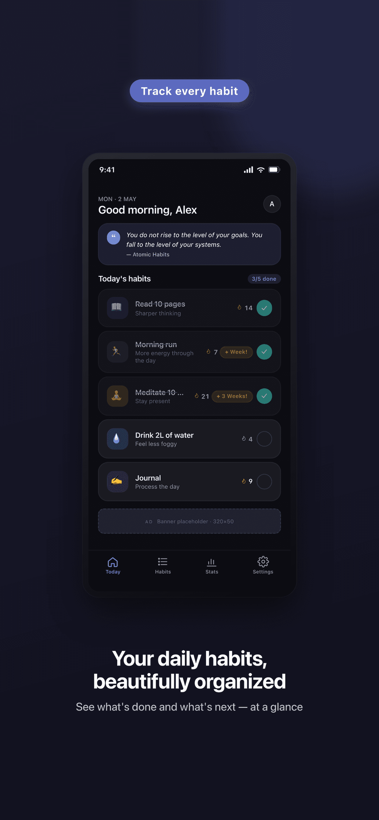 Streakly Today screen — your daily habits, beautifully organized