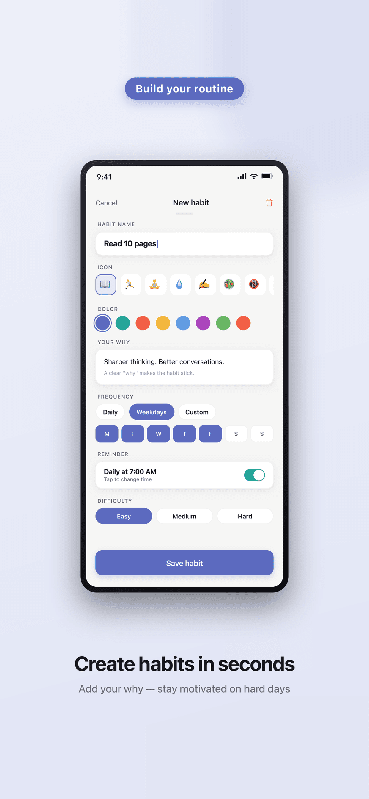 Streakly — create a habit in seconds and add your why