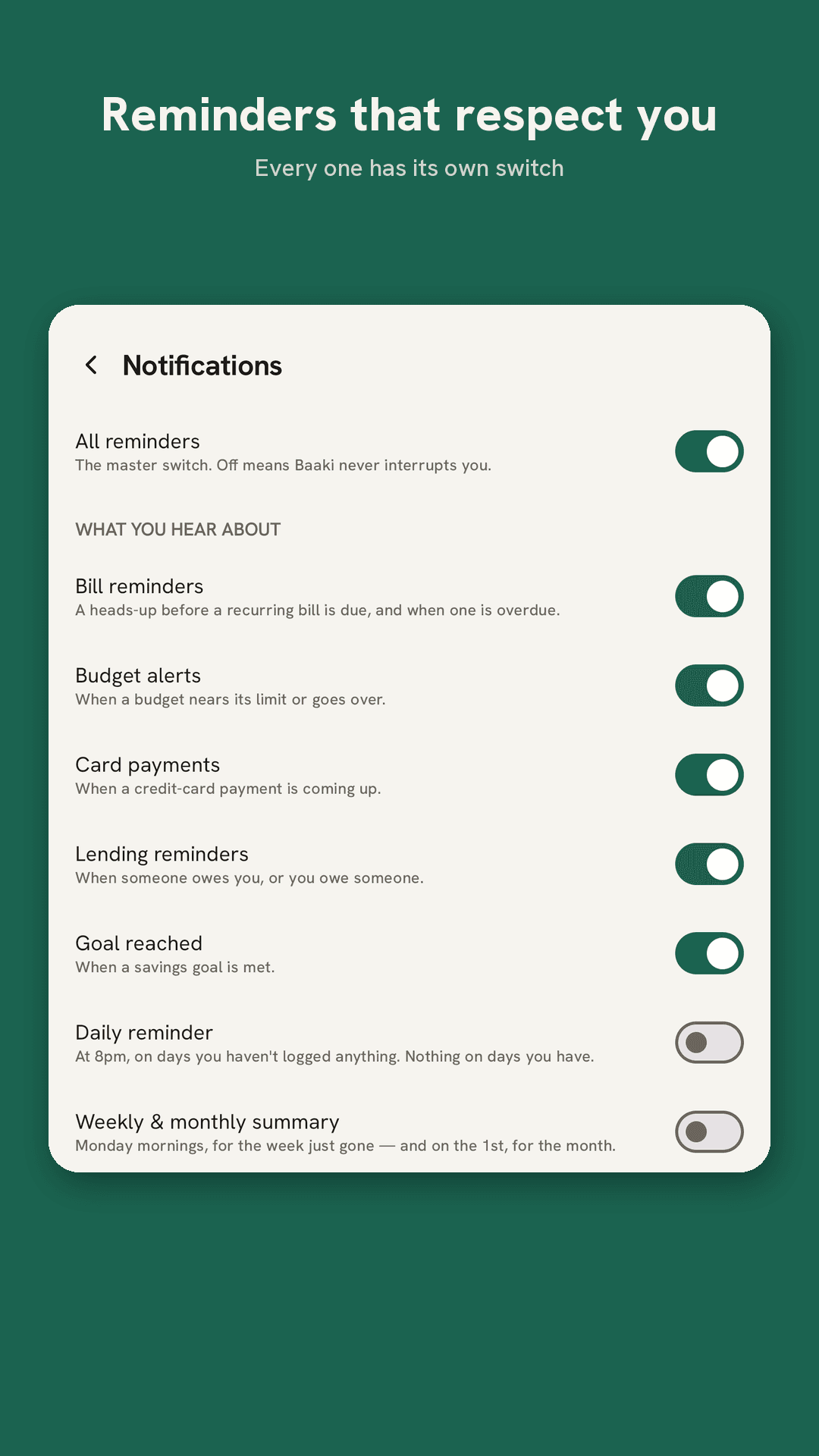 Baaki notifications — every reminder has its own switch
