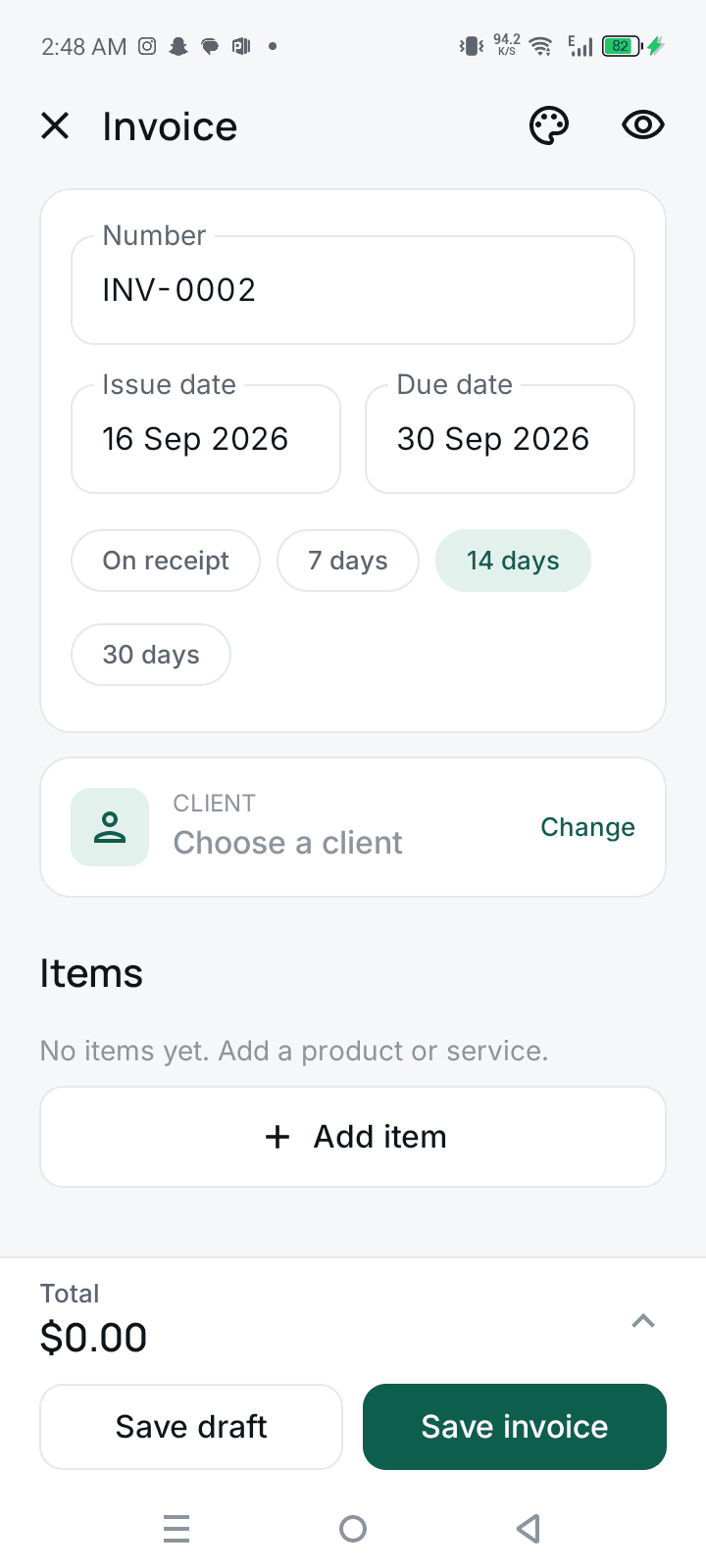 Ledgra invoice editor — automatic numbering, issue and due dates, payment terms