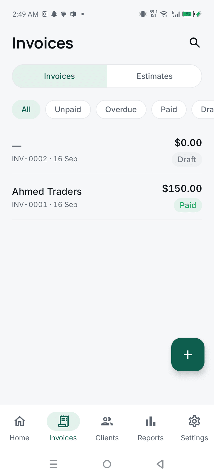 Ledgra invoice list — draft, unpaid, overdue and paid statuses with filters
