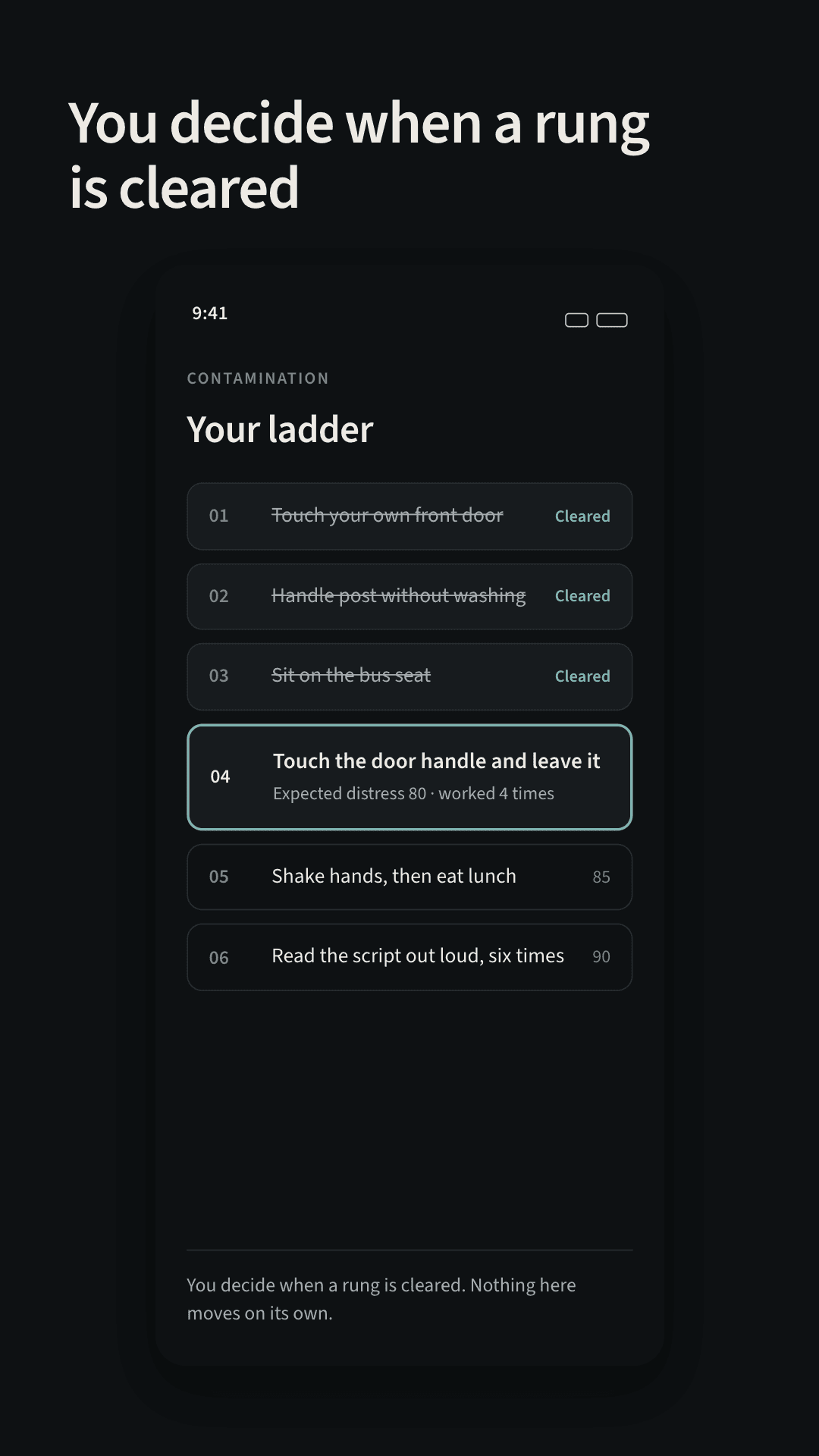 Marea exposure ladder — rungs graded by expected distress, cleared when you decide