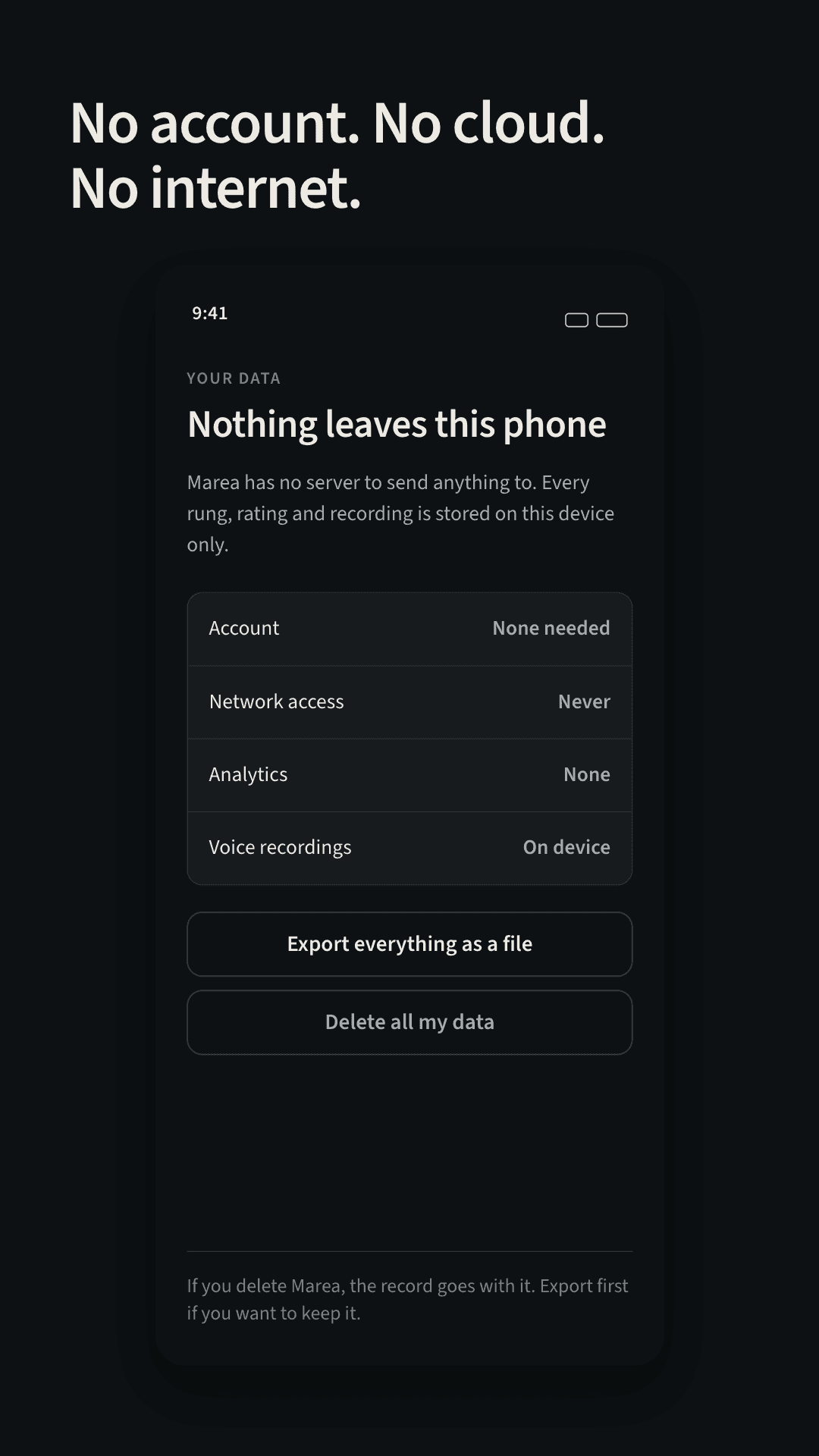 Marea your-data screen — no account, no network access, no analytics