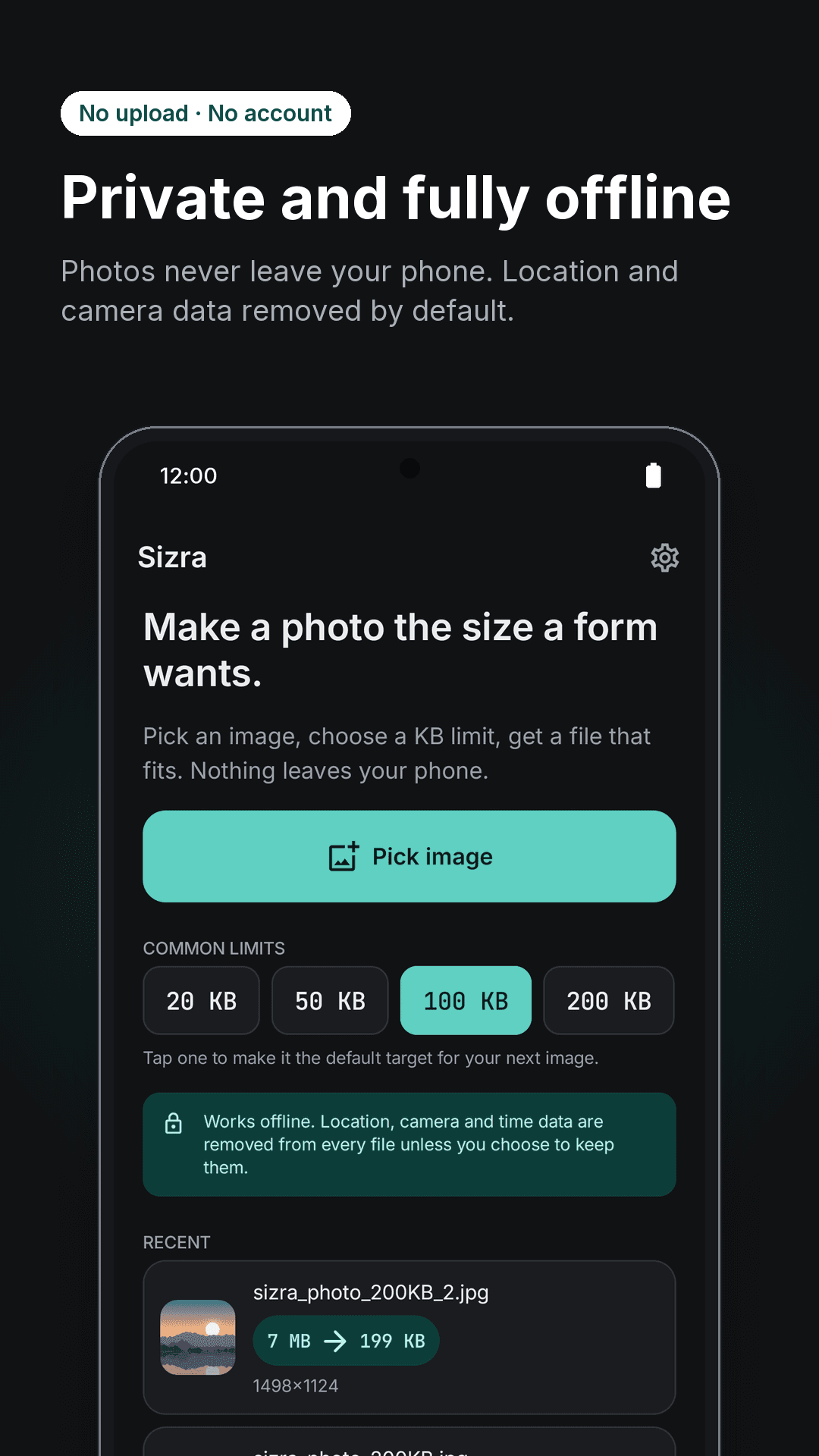 Sizra home screen — pick an image, choose a KB limit, processed offline