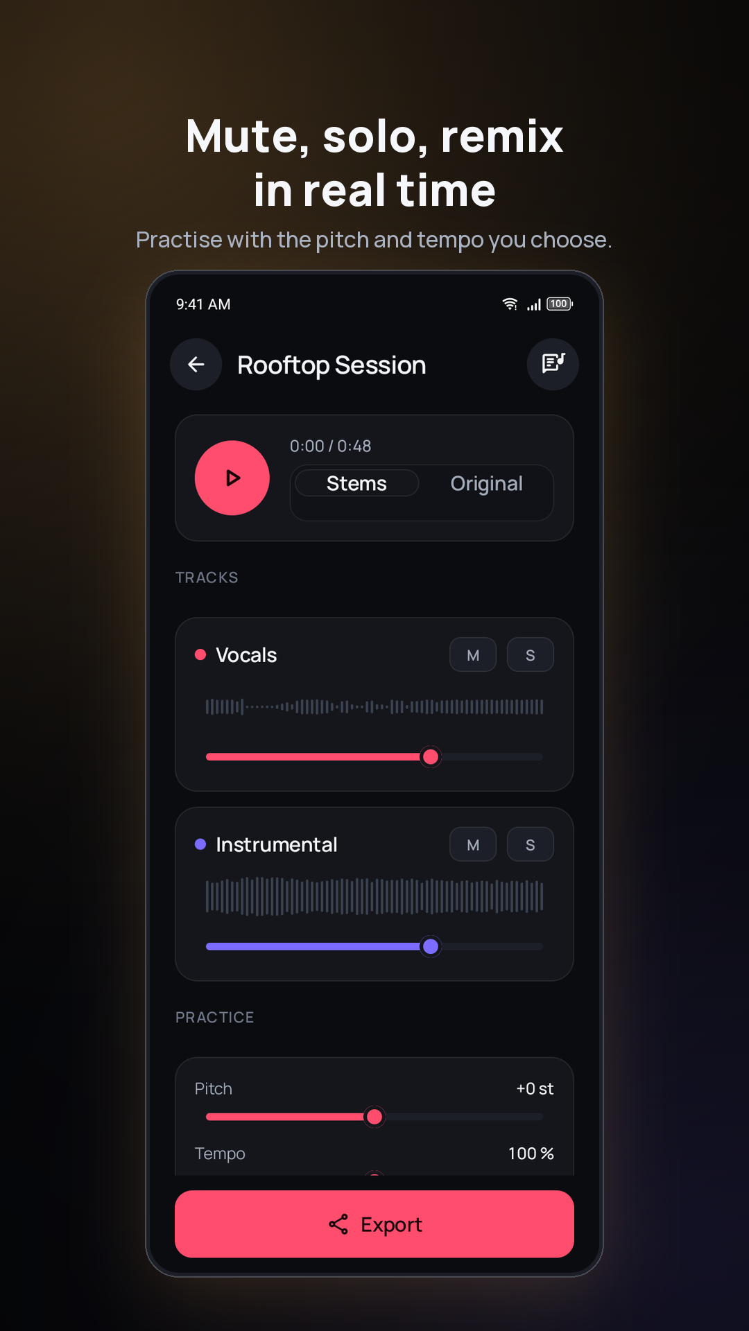 Vocly mixer — mute, solo and balance stems, with pitch and tempo controls