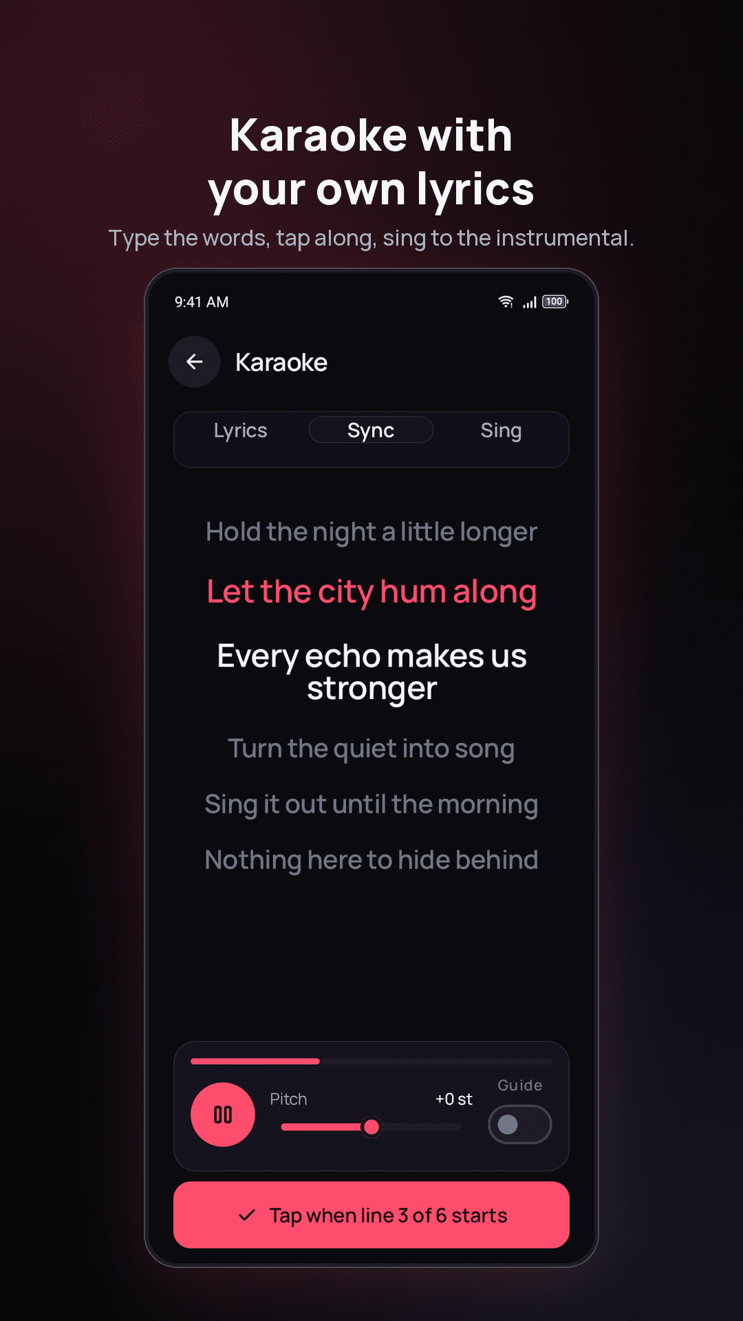 Vocly karaoke mode — your own lyrics synced to the instrumental