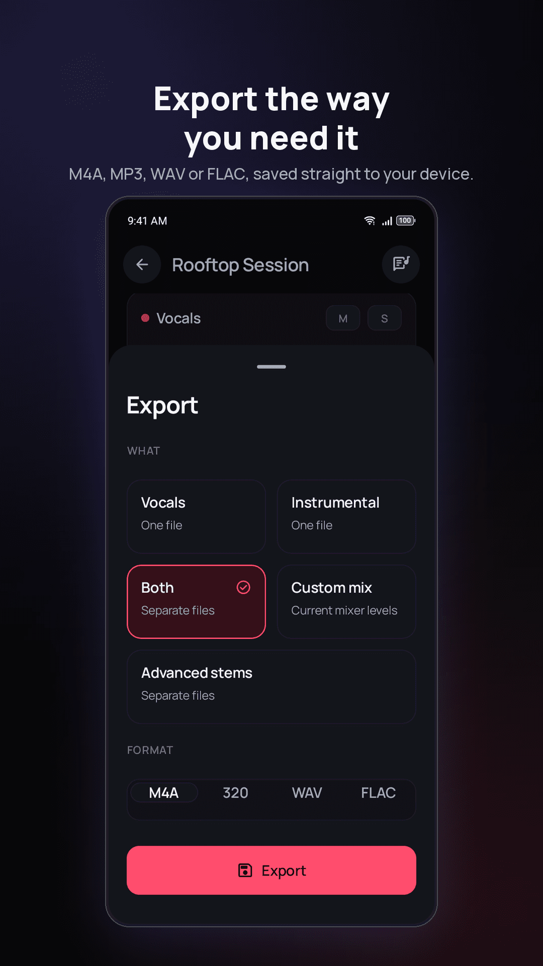 Vocly export sheet — vocals, instrumental, both or a custom mix in M4A, WAV or FLAC